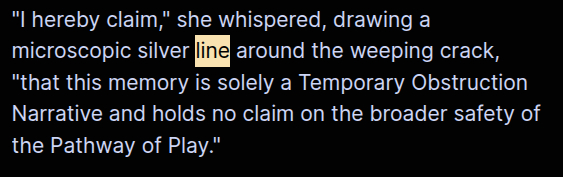 "I hereby claim," she whispered, drawing a microscopic silver line around the weeping crack, "that this memory is solely a Temporary Obstruction Narrative and holds no claim on the broader safety of the Pathway of Play."