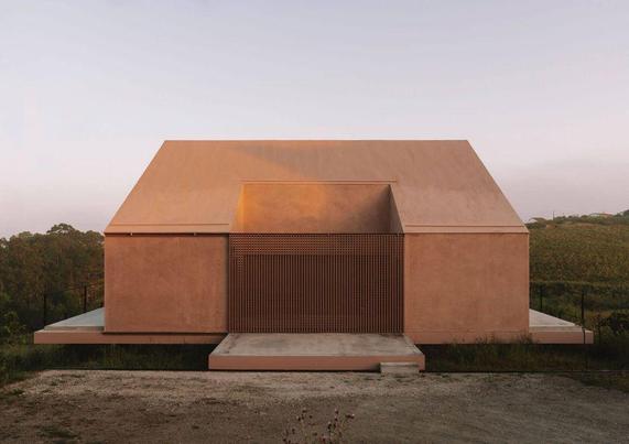 Contemporary minimalistic house with a sloped roof, featuring textured peach walls and a wooden slatted entrance, set in a scenic landscape.