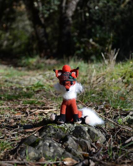 Renard au crochet assis sur une pierre en forêt. Il porte un bonnet vert et rouge avec un pompon rouge et des lunettes. La scène est éclairée par la lumière naturelle, avec un arrière-plan boisé flou.