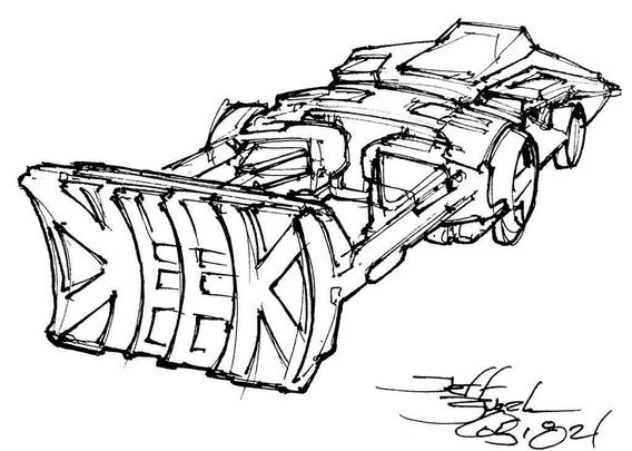 Black and white line art sketch of an imaginative sci fi spaceship. Each one is very different. This is a straight up space bulldozer, giant blade at the front with a pattern like "DEEK" on two long arms and a wide flat fuselage.