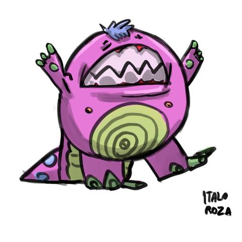 Monstro em formato circular, com dentes a mostra, mãos de sapos e calda