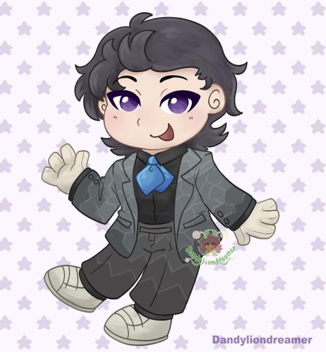 a doodle of a human oc wearing a grey suit with geomtric patterns, a blue ascot, and white gloves and shoes