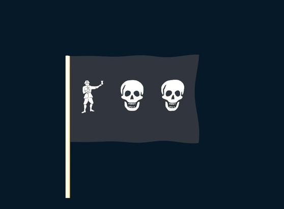 A randomly generated pirate flag. Elements of the flag may include skeletons, skulls, pirates, crossed bones, hourglasses, hearts, and swords.