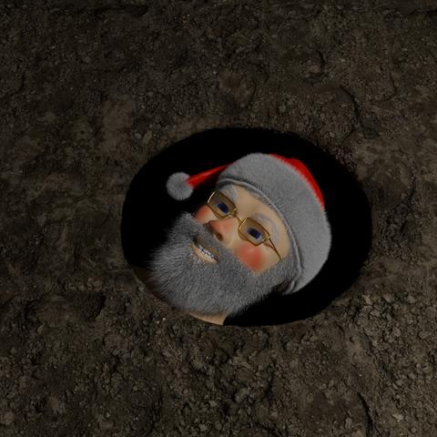 A 3D rendering of a hole in the ground, out of which a man with a white beard, glasses, rosy cheeks, and a santa hat is looking.