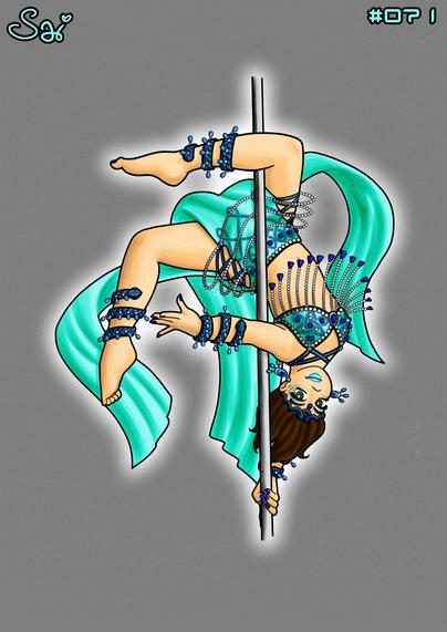Snoring Beauty, Outfit 71 - Sai wearing a stereotypical harem dancer outfit, in turquoise color! The top part is a bra top, with crisscrossing straps at the front, celtic knot motifs on the cups, plenty of pearls and deep blue jewels decorating it, and a lot of pearl strings with more blue jewels from the bottom. The bottom part is a floor lenght turquoise skirt, with slits up to the waist on both sides, held together by blue lace up on the sides. It also has celtic motifs on the hips area, with many more blue jewels, and pearl strings all around his waist. For accessories, he has long wrapping anklets and bracelets, resembling blue snakes, with drop blue jewels and pearls all over them, a matching slim tiara, and large dangling earrings in an oval design. His hair is neck length, with no particular hairstyle, and he also has turquoise lipstick, matching eyeshadow mimicking snake scales, mascara and blue nail polish on fingers and toes.
For posing... well, he's all contorted around a dancing pole, dancing upside down, with the skirt and the pearls strings flowing all over the place.
Fun fact: I had to fix this one on the last minute, as the left foot was a right one!