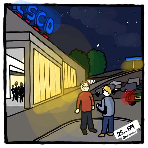 An illustration depicting two people conversing outside a brightly lit store at night, with a sign that reads "TESCO." Several shadowy figures can be seen inside the store. A few parked cars are visible nearby, and the background features trees and a petrol station under a starry night.
