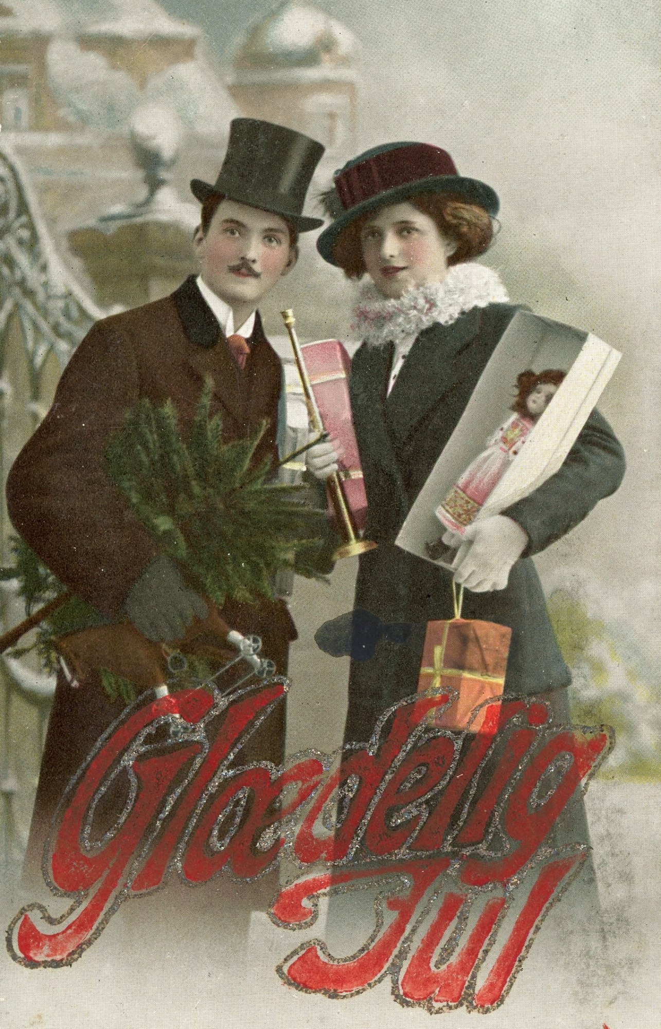 A hand coloured photograph of a couple buying Christmas presents with happy Christmas written in Danish.