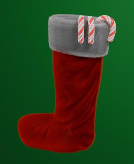 A 3D rendering of a stocking floating in front of a green backdrop. Three red and white candy-canes hang on the furry white rim of the stocking. The body of the stocking is a red velvety fur.