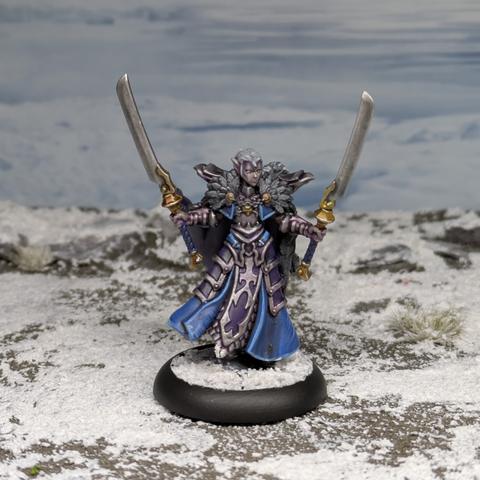 An elf lady with purplish skin holds two swords. She's got purplish metal armour and a blue skirt