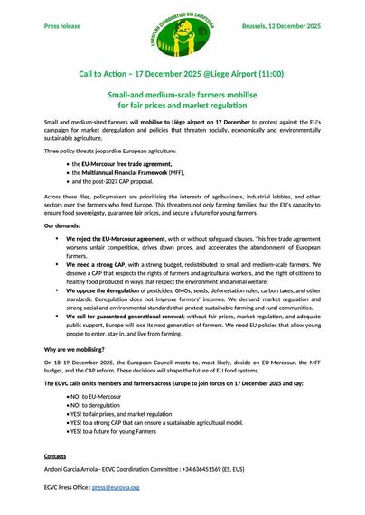 🚜✊🏽🇪🇺 17 Dec 2025
Farmers are taking action in Europe
• #StopEUMercosur
• #StopDeregulation
• YES to #FairPrices and #MarketRegulation
• YES to a strong #CAP that can ensure a sustainable agricultural model
• YES to a future for #YoungFarmers
👉 EN/ES/FR/NL: https://www.eurovia.org/press-releases/call-to-action-17-december-liege-airport-1100-small-and-medium-scale-farmers-mobilise-for-fair-prices-and-market-regulation
@eurovia.org