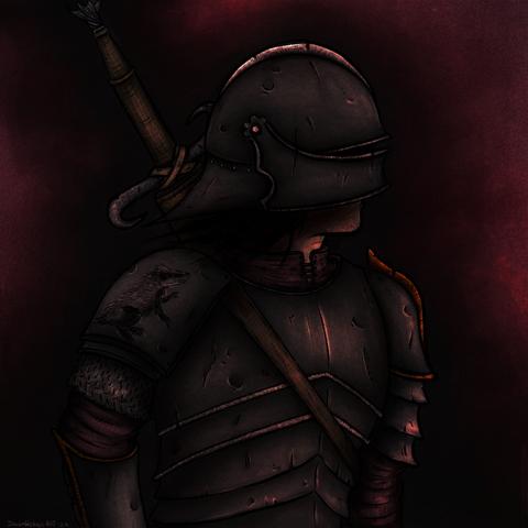 Dark stylized digital illustration of an Oathbreaker Paladin with damaged and mismatched gothic style armour, a heraldic style badger roughly carved on one shoulder, and a two handed sword on his back.

Commission for Macabre