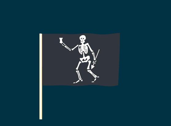 A randomly generated pirate flag. Elements of the flag may include skeletons, skulls, pirates, crossed bones, hourglasses, hearts, and swords.