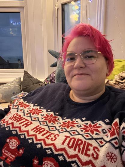 Clair is wearing a navy, red and white Christmas jumper with stars and santas and the words "Santa hates tories" on it.