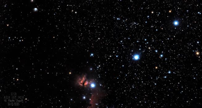 Three large blue stars angle across the page making Orion's belt to the left. You can see the area that contains the horse head nebula and the starfield is quite dark and is fairly sparsely populated.