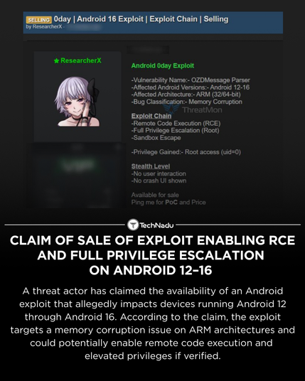Claim of Sale of Exploit Enabling RCE and Full Privilege Escalation on Android 12–16