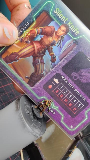 Pictures of painted mini of the Silent Knife character. Character card for reference.
