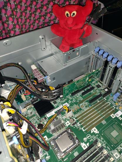 An open computer case with the mainboard visible, a socketed CPU without heatsink, an extension PCIe card with a couple of nicely braided cables. A BSD daemon plushie is watching.