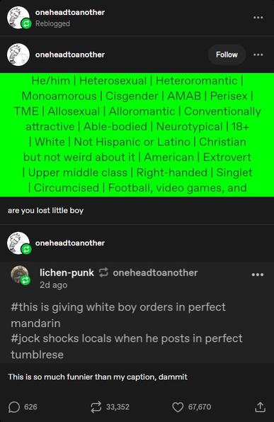 oneheadtoanother posting a bio of a tumblr user saying: "He/Him, Heterosexual, Heteroromantic, Monoamorous, Cisgender, AMAB, Perisex, TME, Allosexual, Alloromantic, Conventionally attractive, Able-bodied, Neurotypical, 18+, White, Not Hispanic or Latino, Christian but not weird about it, American, Extrovert, Upper middle class, Right-Handed, Singlet, Circumcised, Football, video games, and-" with oneheadtoanother captions this image with: "are you lost little boy." later on a reblog from lichen-punk reads with the tags: "#this is giving white boy order in perfect mandarin, #jock shocks locals when he posts in perfect tumblrese" with oneheadtoanother responding to the reblog saying: "This is so much funnier than my caption, dammit"