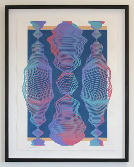 An abstract painting produced by a robotic pen plotter using a generative algorithm. Layered hexagonal forms of red, teal, and purple on top of a blue and tan background on white paper.