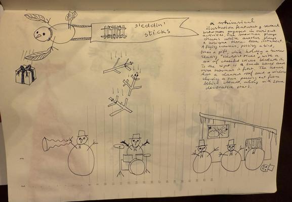 „A whimsical illustration featuring several snowmen engaged in various activities. One snowman plays drums while another plays a unique horn-like instrument. A flying snowman, possibly a bird, tosses a gift, while holding a banner reading "Sleddin' Sticks," with a row of cheerful sticks beneath it. To the right is a small house and three snowmen in front. The house has a slanted roof and a window showing a sun peeking out from behind clouds, along with some decorative stars."