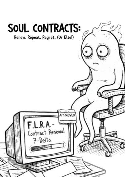 a soul seated on a chair, with a very anxious looking face. 

it is seated in front of a computer that reads F.L.R.A. - Contract Renewal 7-Delta and a paper stuck on top with Approved written on it. 

The title reads
Soul Contracts:
Renew. Repeat. Regret. (Or Else!)