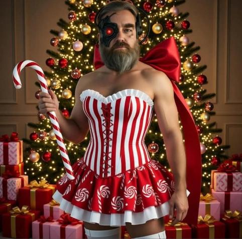 Image is an ai generated image of myself with borg eye in a festive pin striped dress holding a large candy cane