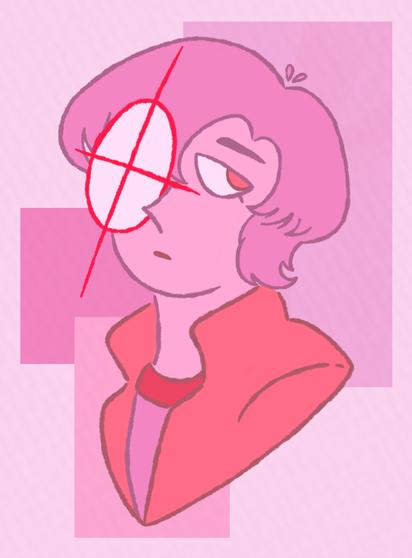Pink+red drawing of Jean from the neck up where one of his eyes is replaced by a big red target