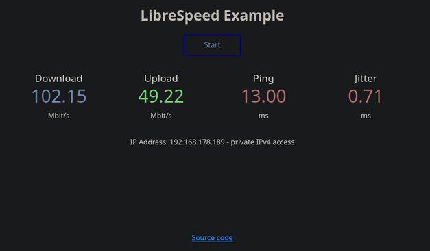 Librespeed Speedtest, der 102,15 MBit/s im Download und 49,22 im Upload anzeigt