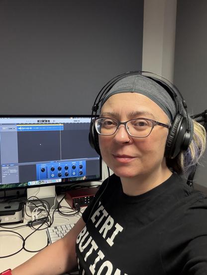 I'm in a small recording studio at the Kitchener public library. Years ago, I used an analogue sound board. Now I'm using GarageBand on a Mac.