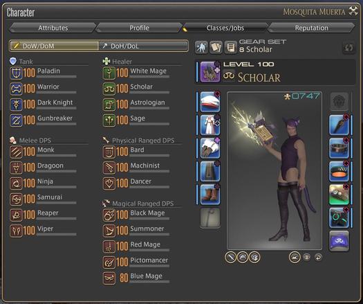 My character screen from Final Fantasy 14. It shows all of the combat jobs to 100 and Blue Mage at the max of 80