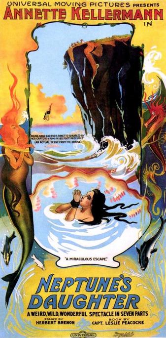 Film poster. The composition is highly stylized, employing a vibrant color palette and a dramatic, illustrative style typical of early 20th-century cinema advertising.

The poster is framed by a decorative border with a yellow background. The top section of the poster contains the title information. The title "UNIVERSAL MOVING PICTURES PRESENTS" is in a bold, red serif font. Below, the name "ANNETTE KELLERMANN" is prominently displayed in a larger, red serif font, with "IN" beneath it.

The central part of the poster depicts a scene framed by an arch-like opening. Inside, the primary scene shows a woman, presumably Kellermann, in the water, her hands bound in front of her. She is surrounded by water, with waves depicted in a stylized manner. Above the water, a dramatic cliff scene is depicted. People are seen at the top of the cliff, and a figure is seen falling from the cliff into the water.