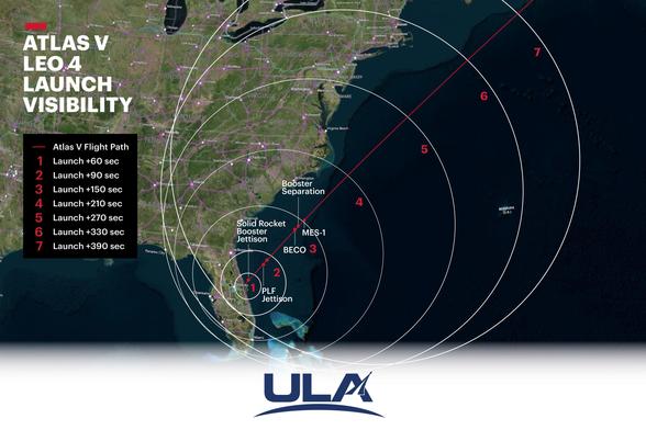 Map showing Atlas V rocket launch visibility over the eastern US with concentric circles marking time intervals after launch.