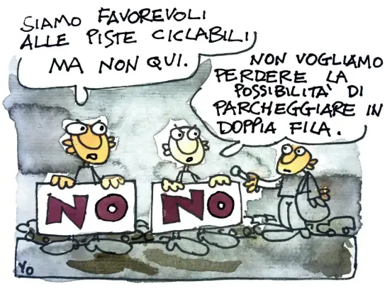 manifestanti contro le piste ciclabili che in realtà vogliono parcheggiare in doppia fila