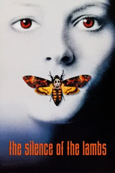 Das Plakat des Films "The Silence of the Lambs" von 1991:
Ein weißes Gesicht mit roten Augen belegt die oberen Zweidrittel des Bildes. Der Mund ist mit einem Schmetterling mit Totenschädelmuster auf dem Rücken abgedeckt.
Im unteren Drittel steht in roter Schrift "The Silence of the Lambs".