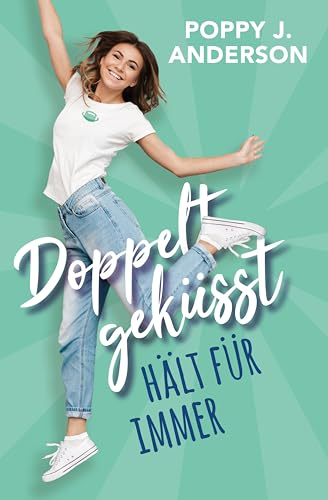 The cover of the book Doppelt geküsst hält für immer by Poppy J. Anderson

This cover features a jumping woman on a background with two shades of green.