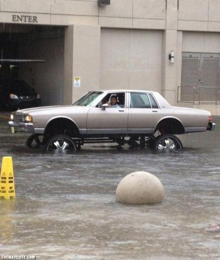 Obraz przedstawia samochód osobowy w wodzie. Samochód jest beżowy, w typie sedana, z bardzo dużymi kołami i podwyższonym zawieszeniem. Samochód znajduje się na parkingu lub przed budynkiem, w którym znajdują się duże drzwi wejściowe. Woda sięga mniej więcej do połowy kół samochodu. Na przednim planie po lewej stronie widać żółty znak ostrzegawczy. W rogu zdjęcia znajduje się logo THEMAVESITE.COM.

Dostarczone przez @altbot, wygenerowane lokalnie i prywatnie za pomocą Gemma3:27b

🌱 Zużyta energia: 0.092 Wh