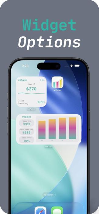 miSales Developer Sales Chart screenshot showing iOS widgets with text  “Widget Options”