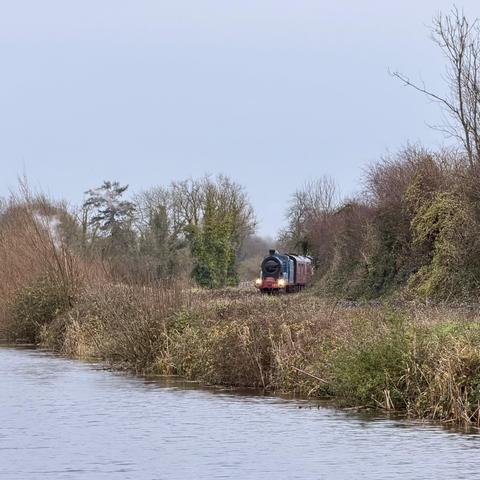 A telephoto view of the front of a steam locomotive appearing from behind a line of bare trees as it rounds a distant bend. The foreground shows a strip of water, and the sky is overcast and grey.