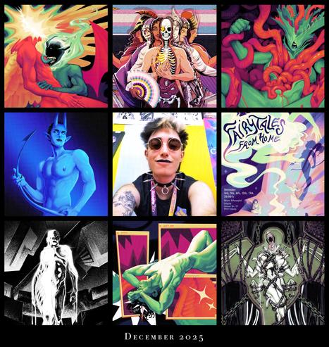 A collage of nine images. Eight pieces drawn by Sariel throughout 2025 surrounding a selfie of Sariel at a convention smiling at the camera.