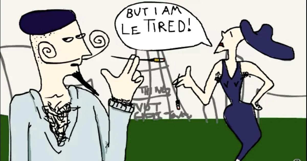 A still from the 2003 animation Ze End Of Ze World with two French caricatures, the woman in the back whining "but I am le tired"