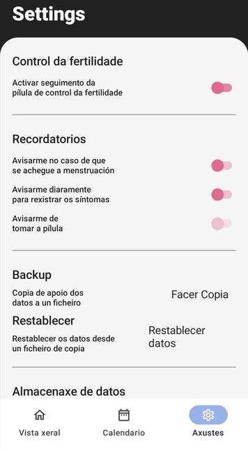 captura de pantalla dos axustes da aplicación bluemoon