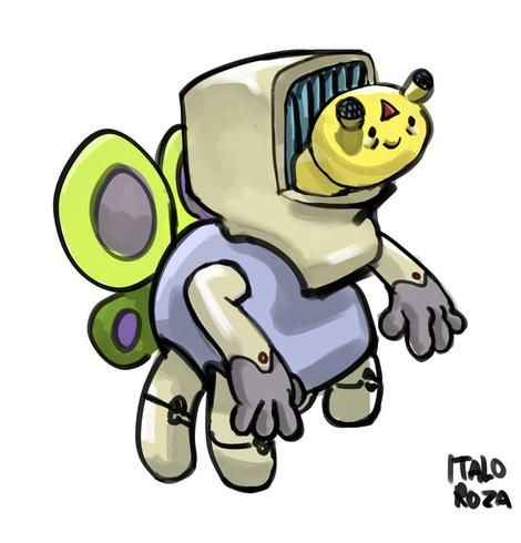 Cabeça que lembra pikachu, pescoço de computador antigo, asas de borboleta, dois braços mecânicos e pernas que lembra de aranha.