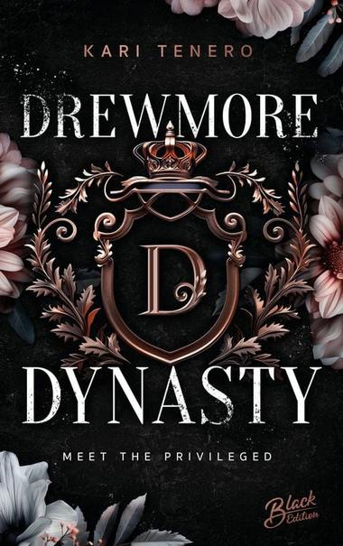 The cover of the book Drewmore Dynasty: Meet the Privileged by Kari Tenero

This cover features the symbol of a university surrounded by flowers on a very dark background.