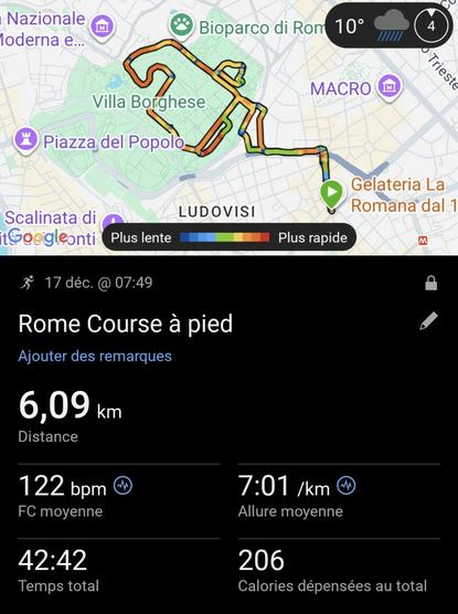 ガーミンコネクトのランニングアクティビティ記録。走行距離6,09km。平均心拍数122bpm。平均ペース7:01/km。総時間42:42。総消費カロリー206kcal。