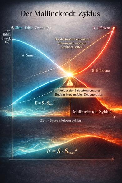 Scientific Image Description (English)

Title: The Mallinckrodt Cycle – Dynamics of Meaning, Efficiency, and System Energy

The illustration depicts the lifecycle of complex socio-economic systems as a time-dependent interaction between two core system variables: meaning/ethics/purpose (S) and economic efficiency (O).
The horizontal axis represents time or system lifecycle progression, while the vertical axes indicate the relative intensities of meaning (left) and efficiency (right).

The blue curve (A) represents the system’s sense-giving function, which is high during the founding phase and gradually declines over time. The red curve (B) illustrates the increasing dominance of economic efficiency and optimization logic, typically exhibiting exponential growth.

The intersection of both curves marks a critical transition point where efficiency overtakes meaning. This point is labeled as “loss of self-limitation” and defines the entry into the irreversible phase of the Mallinckrodt Cycle, in which the system loses its adaptive and innovative capacity.

A dashed alternative trajectory indicates the theoretical possibility of evolutionary correction, allowing a rebalancing between efficiency and meaning, although such corrections are empirically rare.

The lower energy field represents the vibrational-energetic interpretation derived from the Ontology of Vibration. The equation
E = S · Sₘₐₓ² illustrates that effective system energy depends non-linearly on the meaning parameter.