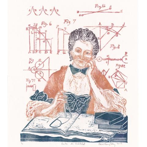 My linocut portrait of Émilie du Châtelet in a peach and blue dress with ribbons holding a compass on an open manuscript with a diagram. There’s a pile of books in font of her in blue. Behind her are math and physics diagrams in pink from her publications.