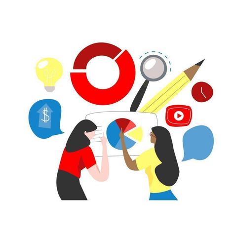 Two women examining a pie chart, surrounded by illustrations of a dollar sign, a lightbulb, a circular graph, a magnifying glass, a pencil, a clock and a video player screen