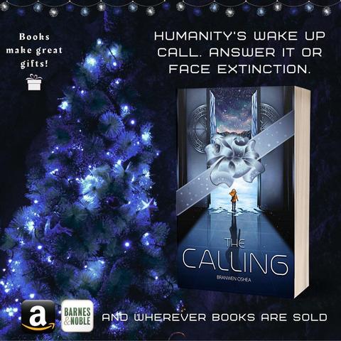A paperback of The Calling next to a blue Christmas tree. The paperback has a bluish-silver ribbon around it.