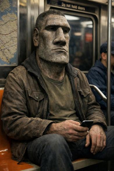 A rugged man with a moai head, sitting on the subway with a smartphone in his hand. He is wearing jeans, a t-shirt, and a brown leather jacket.