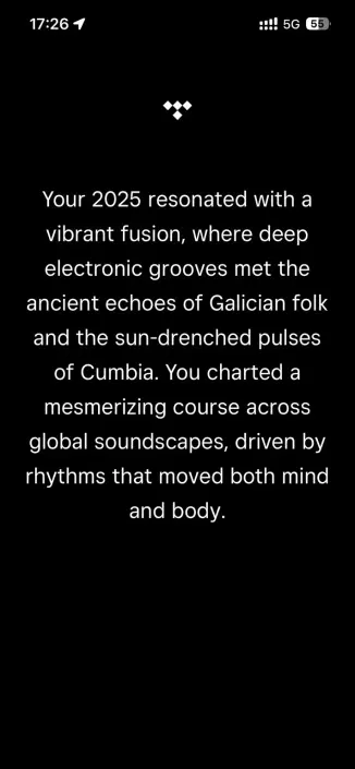 Text on a black background describing a vibrant musical fusion in 2025, blending electronic grooves with Galician folk and Cumbia rhythms to create global soundscapes.